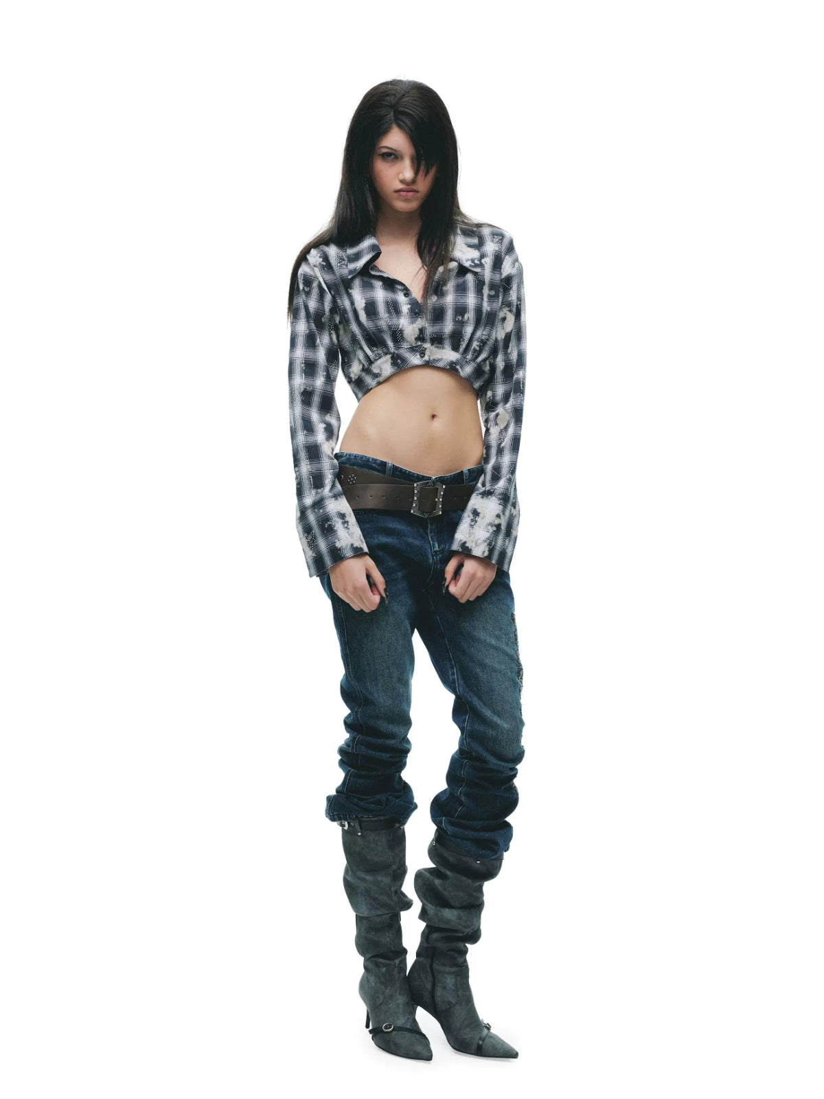 Distressed Plaid Bow Sleeve Shirt