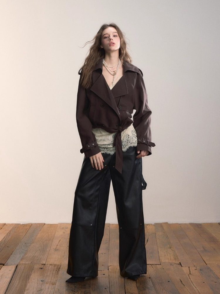 Short Double-Breasted Belted Trench Jacket