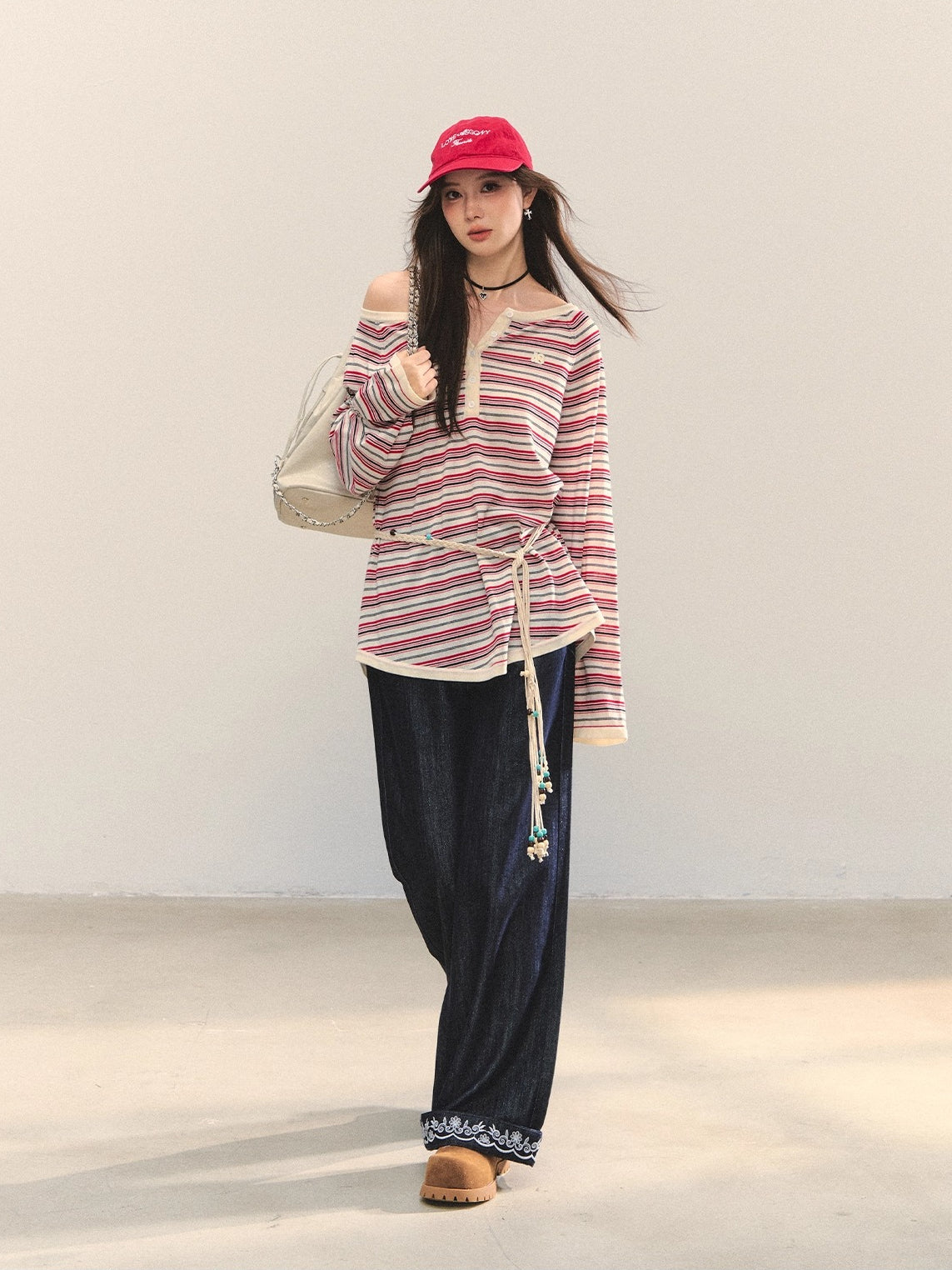 Navy Blue Boho Embroidered Belted Jeans