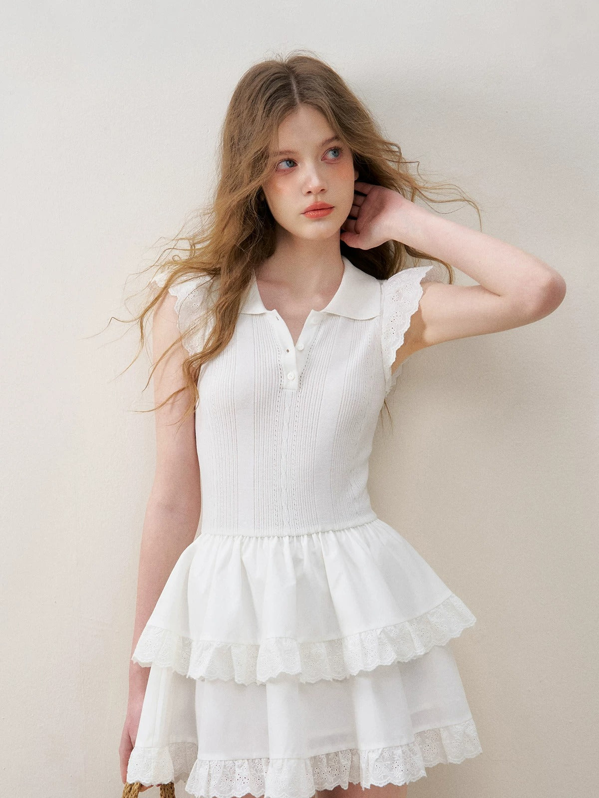 Lace Trim Flutter Sleeve Mini Dress