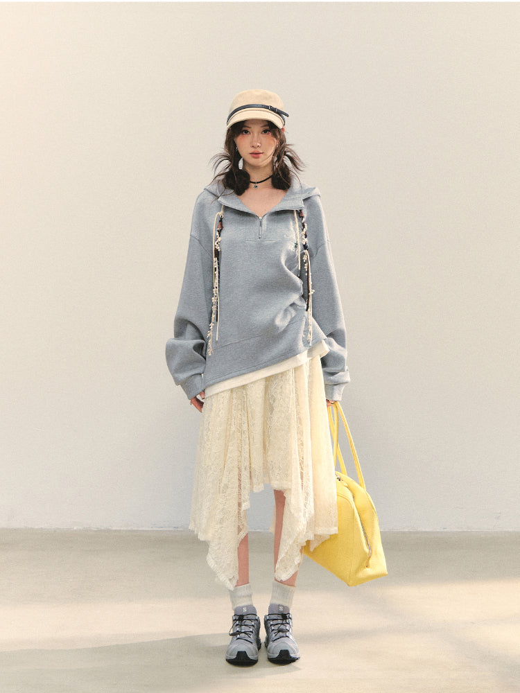 Beige Lace Irregular Hem Midi Skirt