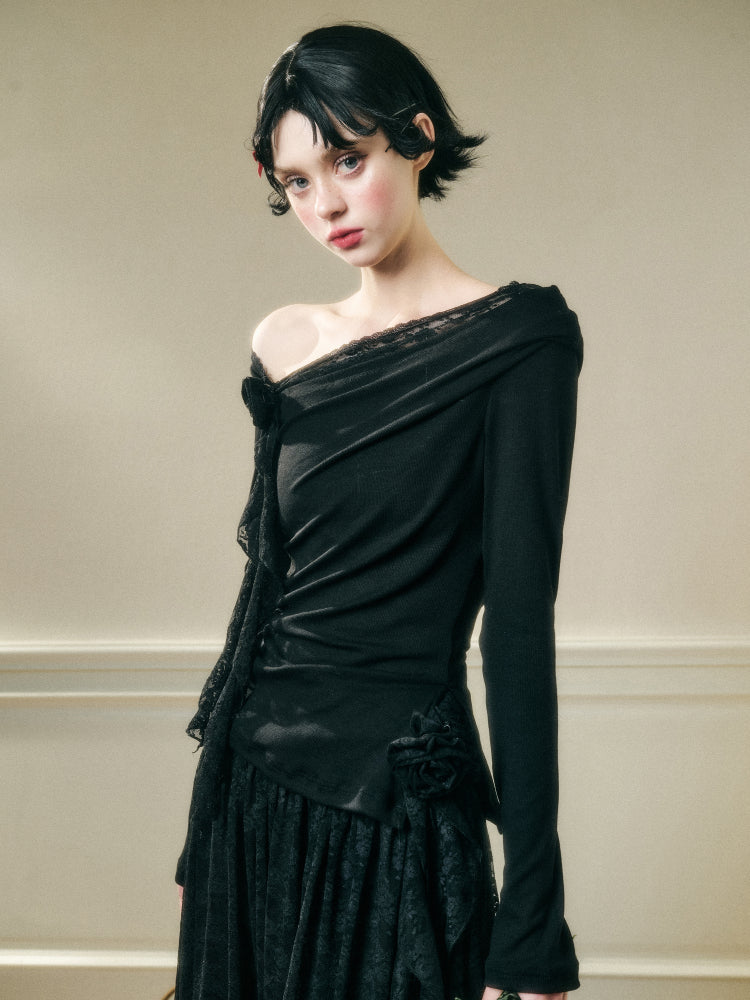 Lace Floral Asymmetrical Off-Shoulder Top & Skirt Set