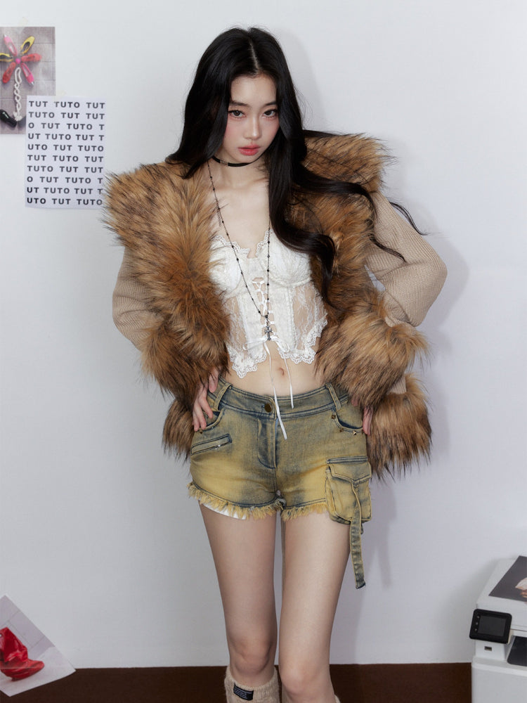 Low-Waisted Studded Bodycon Cargo Denim Shorts