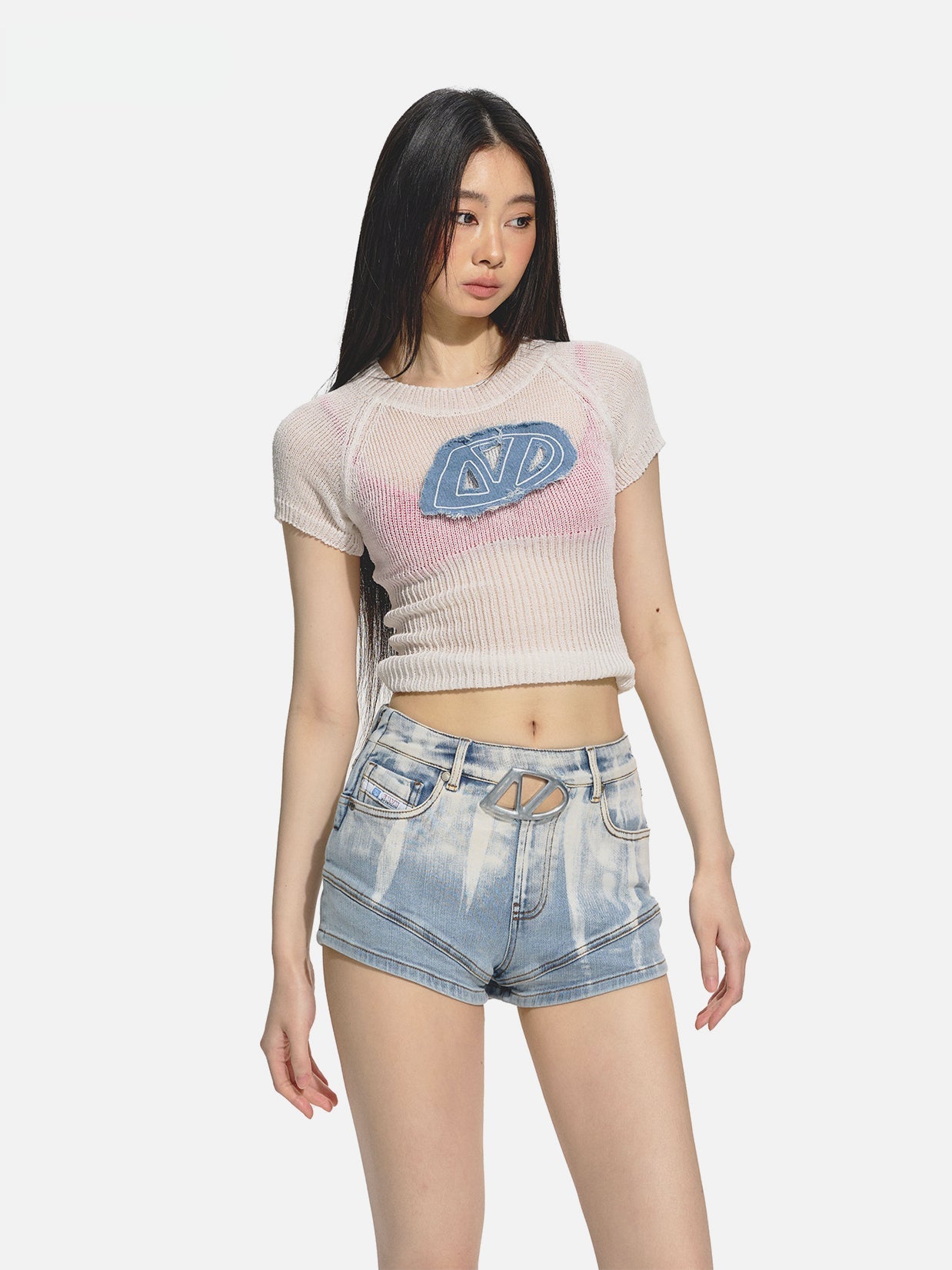 Gradient Floral Elastic Skinny Denim Shorts