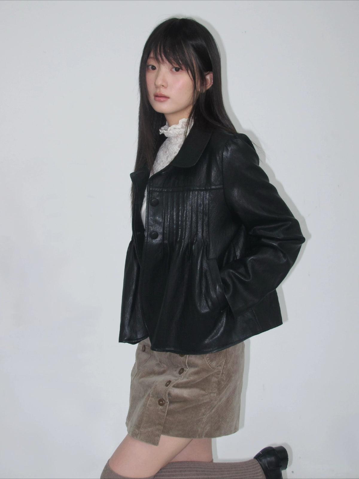 Pleated Curved-Hem Leather Jacket