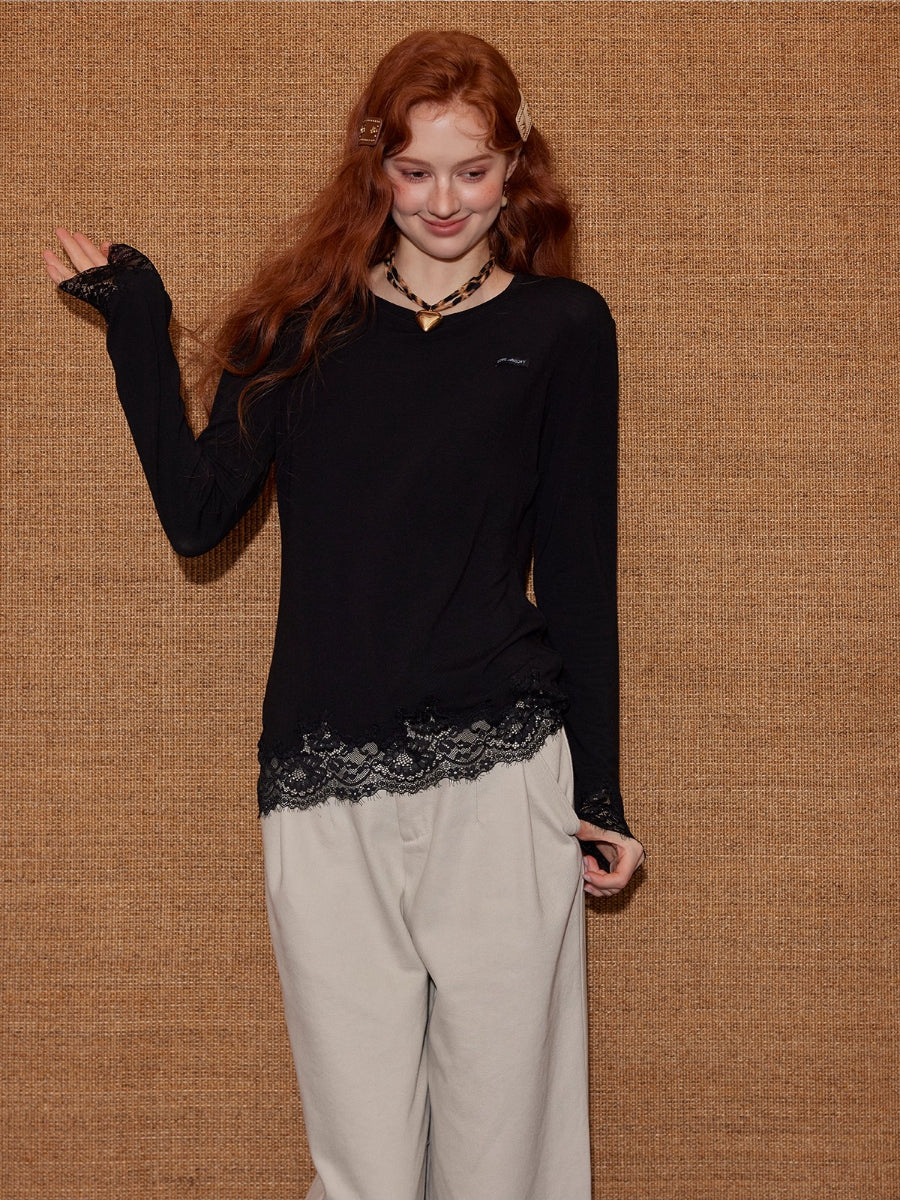 Lace Panel Long-Sleeve Top