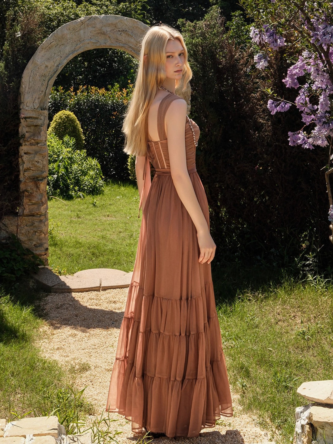 Tia Beaded Crochet Pleated Mesh Halter Dress