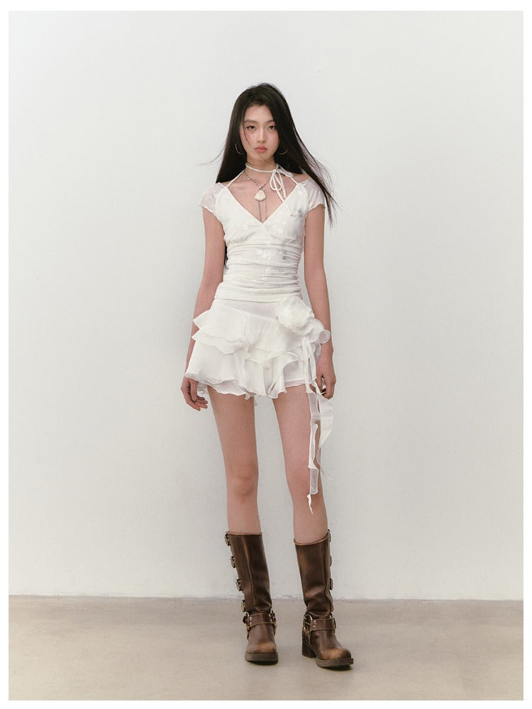 Mesh Jacquard Halter Lace Short-sleeve T-shirt