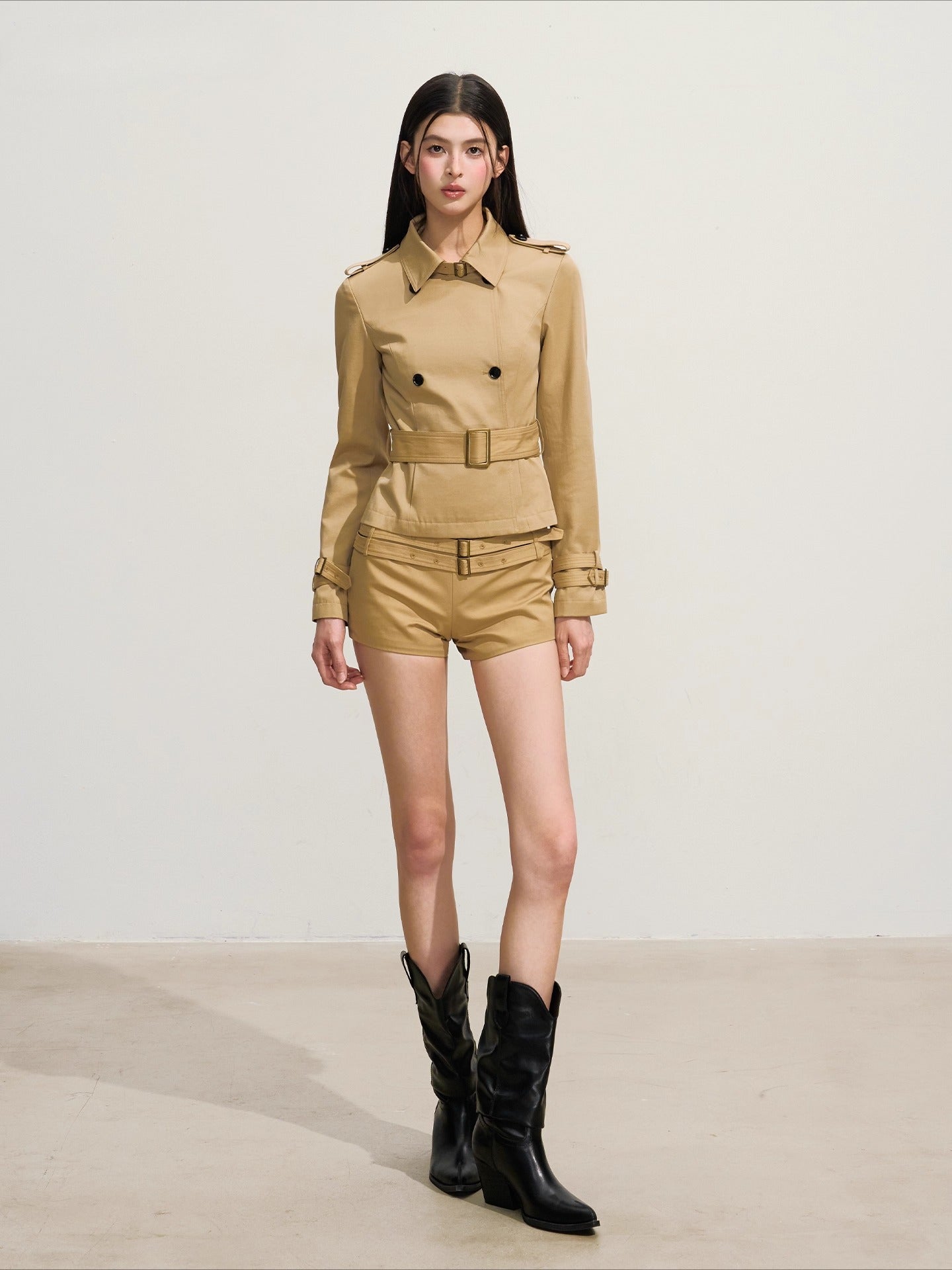 Slim-Fit Double-Breasted Trench Blazer & Low-Waist Shorts Set