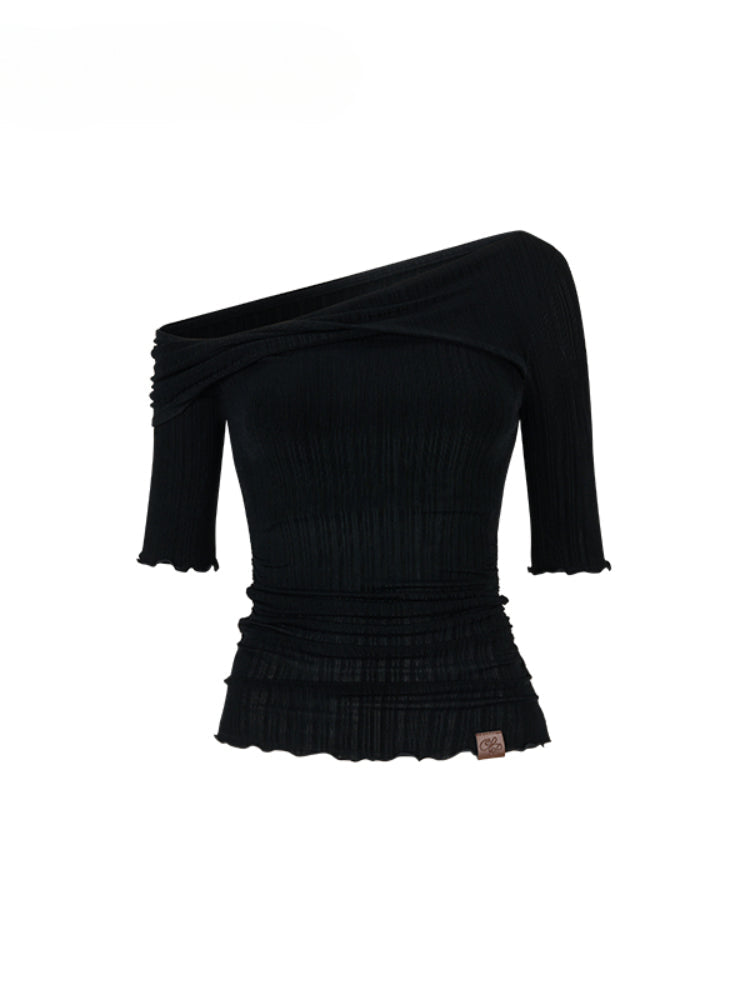 One-Shoulder Acetate Mid-Sleeve T-shirt