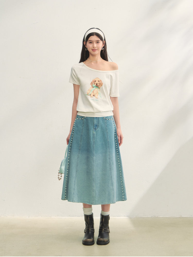 Asymmetric Shoulder Bow Puppy Printed T-Shirt