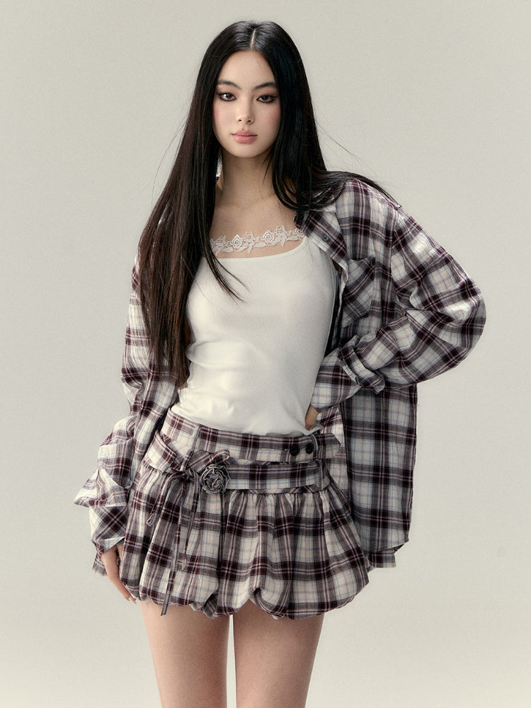 Plaid Design Shirt & Skirt Set