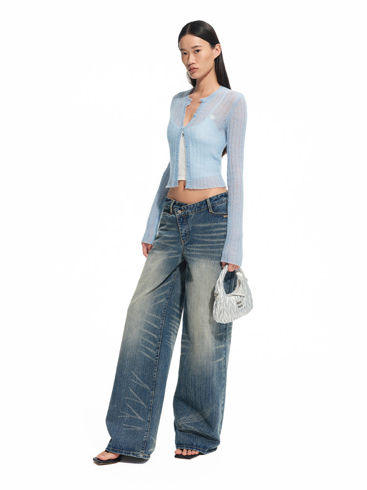Washed Denim Low-waist Wide-leg Pants