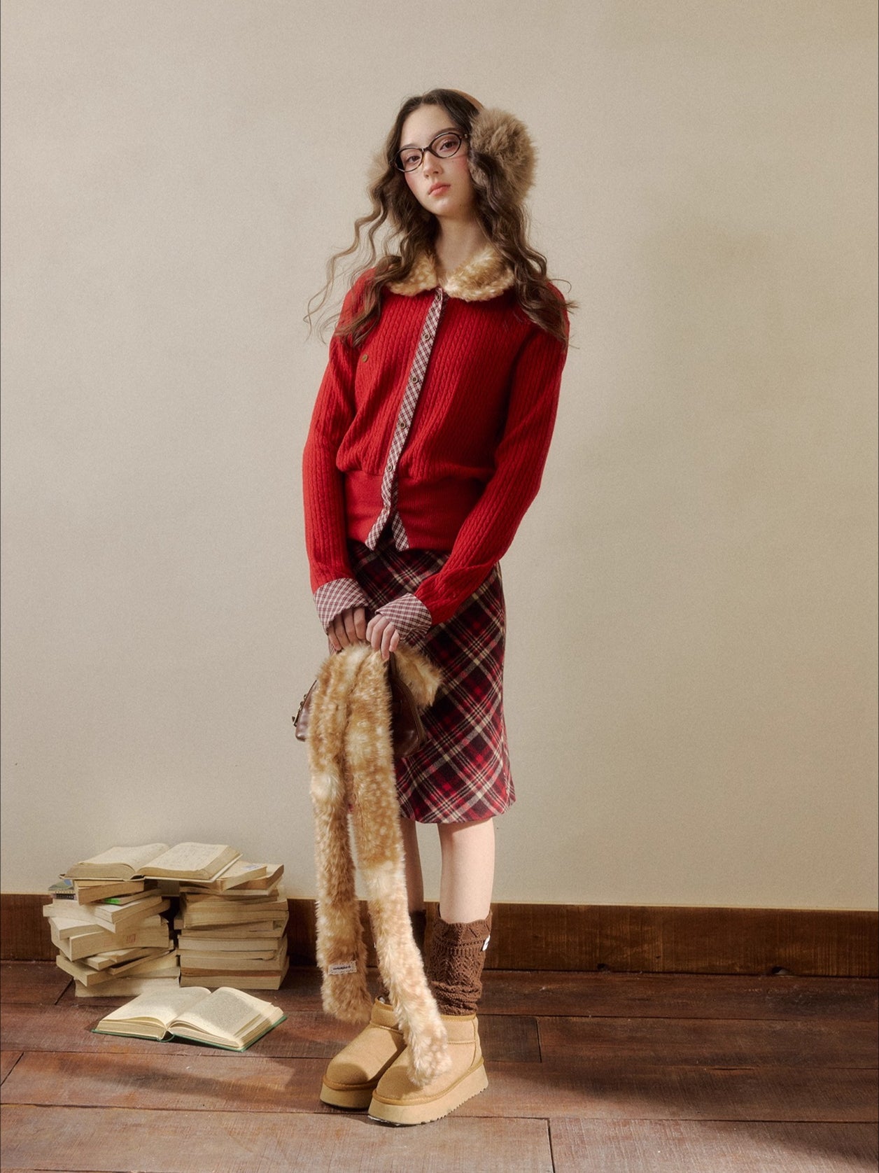 Fur-Collar Plaid Knit Cardigan