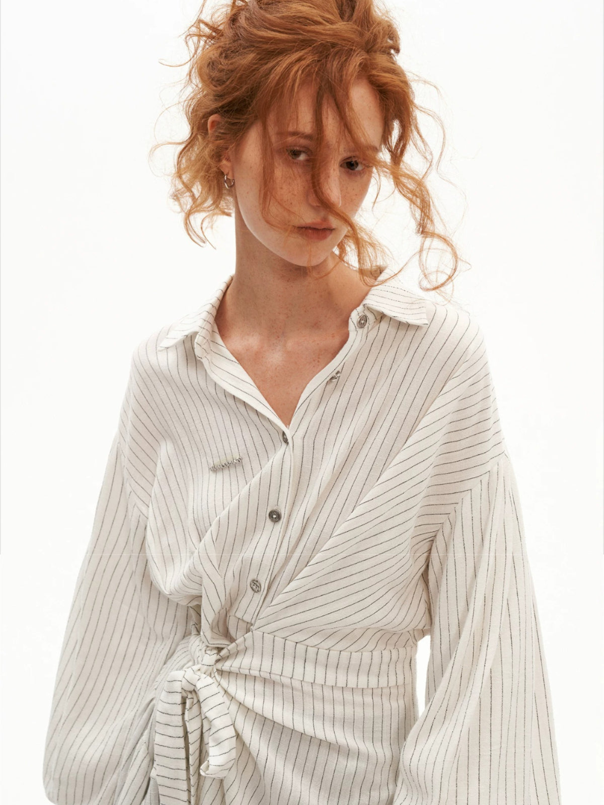 Striped Linen Tie Waist Long Shirt
