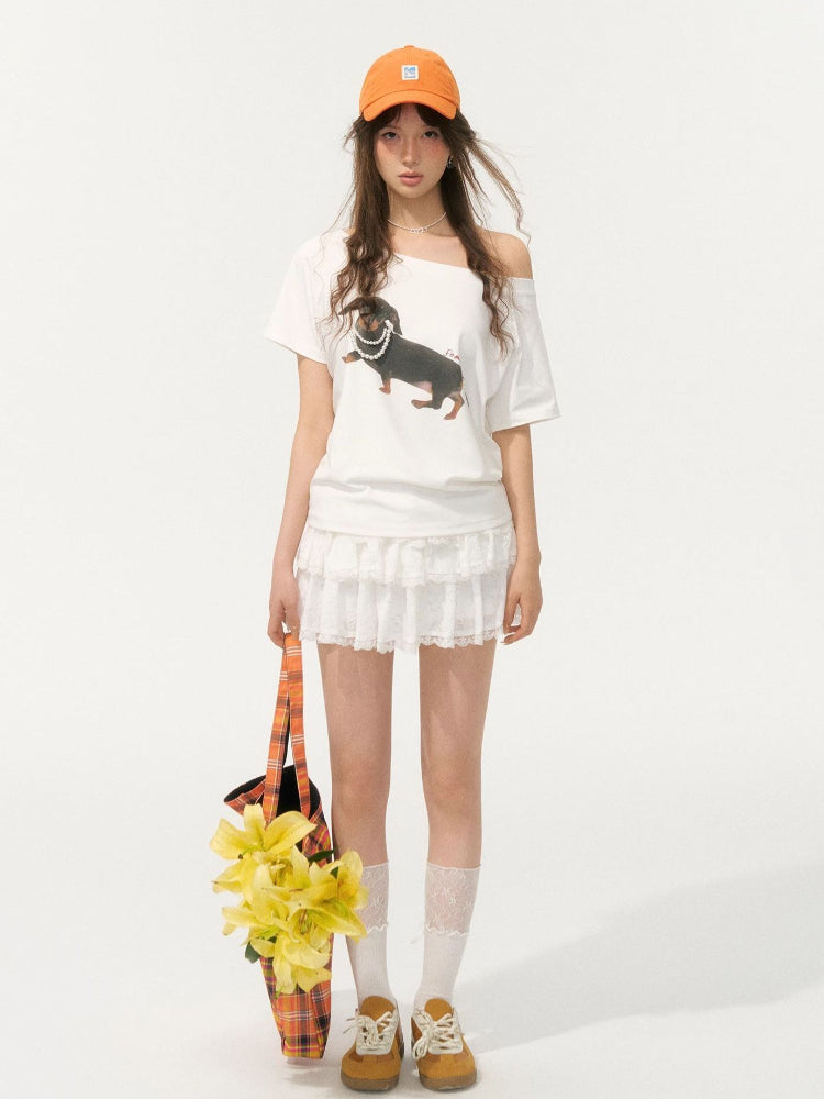 Off-Shoulder Pearl Embroidered Asymmetrical T-shirt