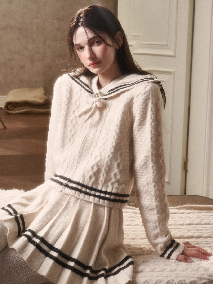White Philosophy Wool Cloud Cable-Knit Cardigan & Skirt Set