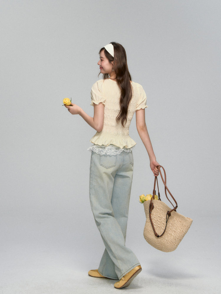 Three-Dimensional Flower Pleated Short-Sleeve Blouse