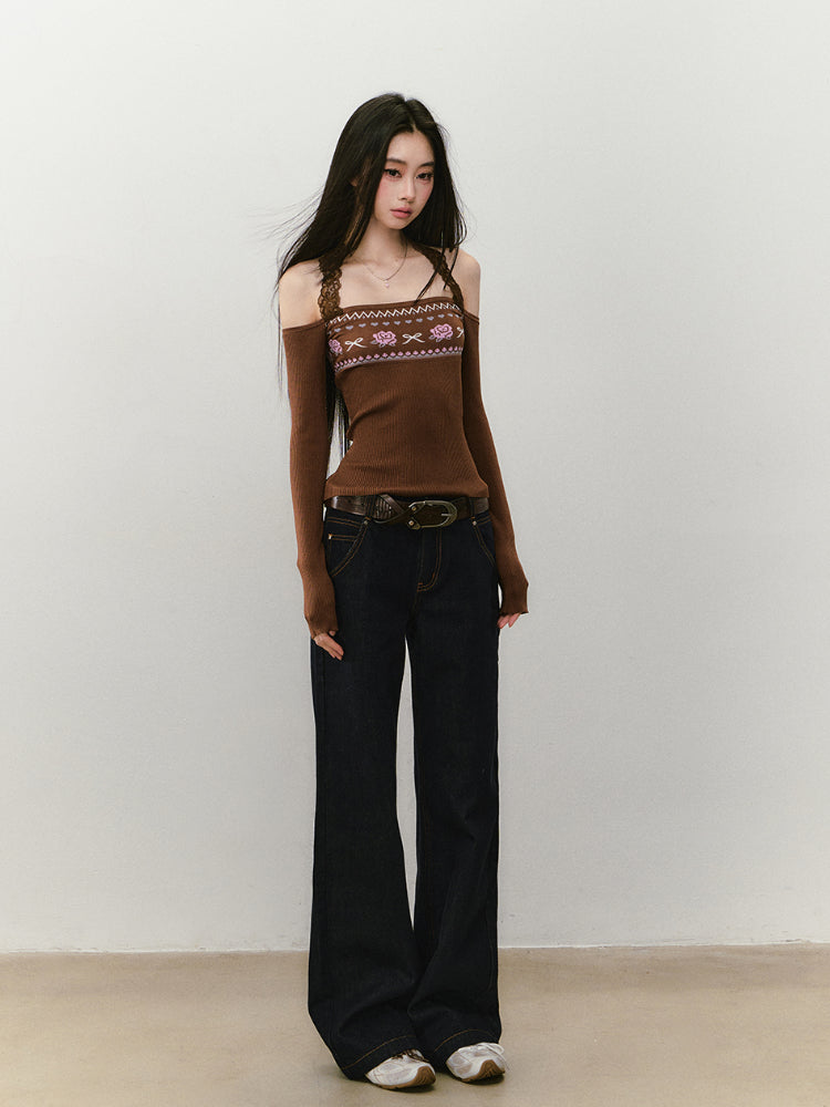 Lace Halter Two-way One-shoulder Sweater