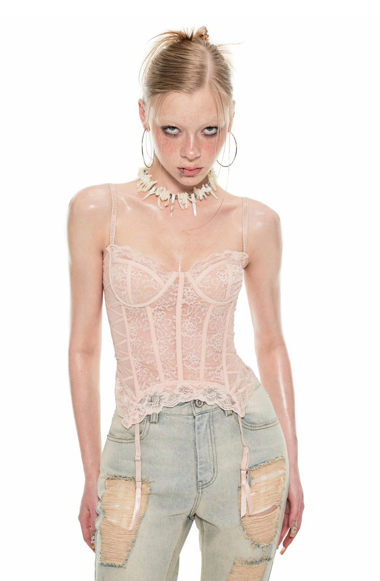 Black & Pink Lace Fishbone Bustier