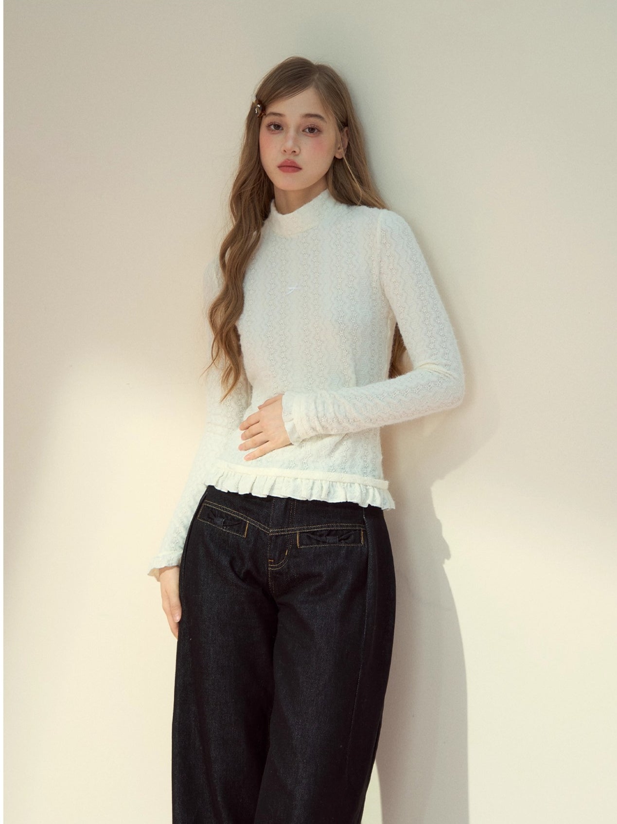 Layered Lace-Texture Mock Neck Knit Top