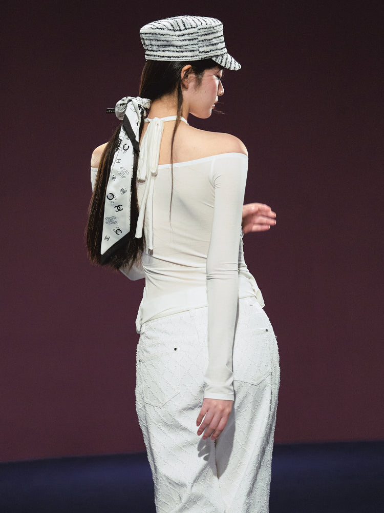 Fake Two-Piece Halter Ruched Floral One-Shoulder Blouse