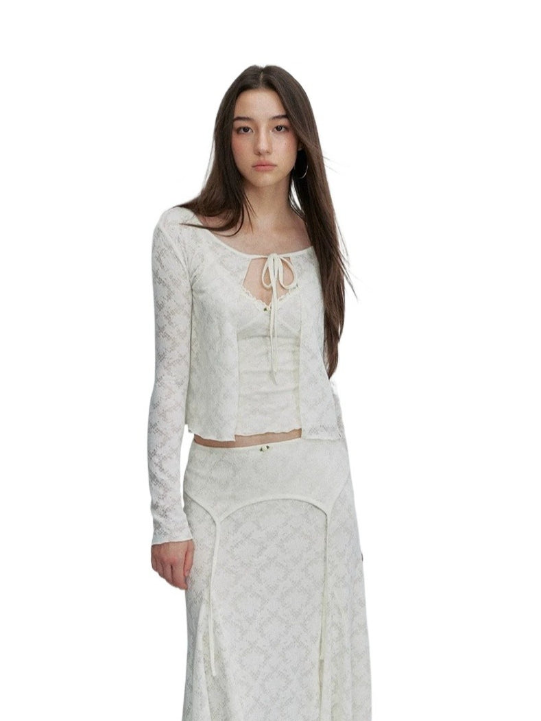Apricot Lace Cardigan & Skirt Set