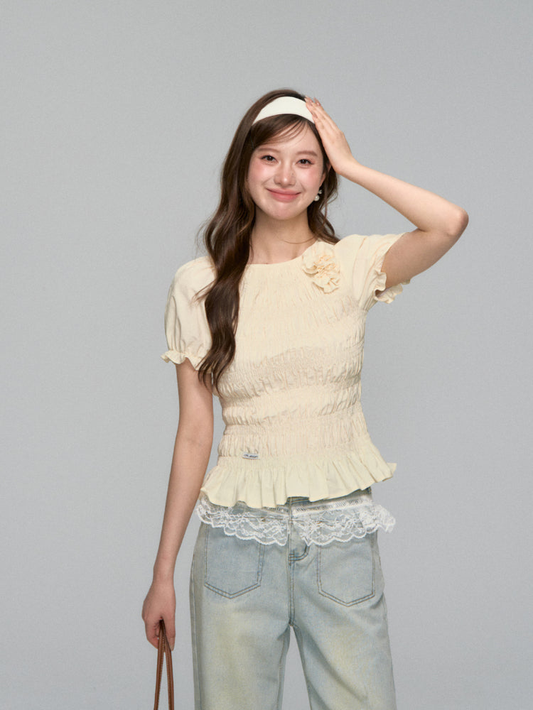 Three-Dimensional Flower Pleated Short-Sleeve Blouse