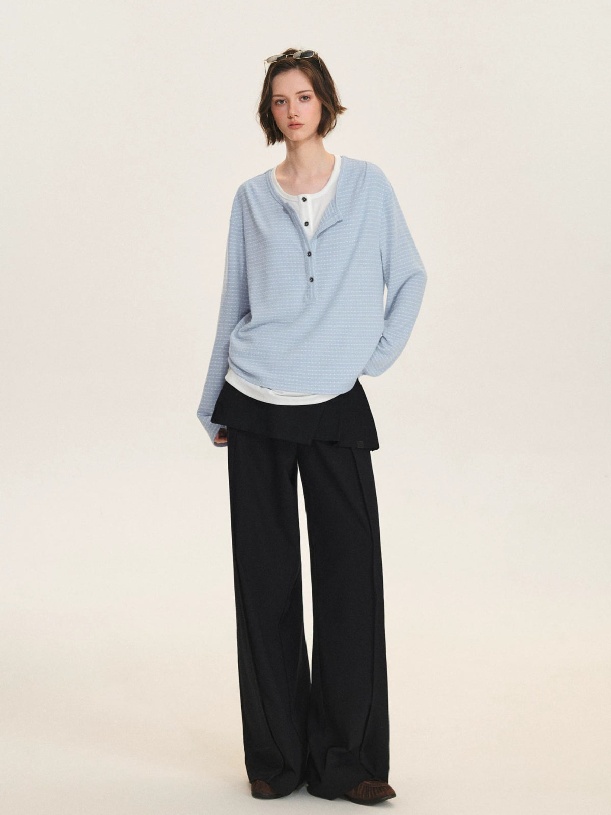 Layered Striped Henley Ruched Top