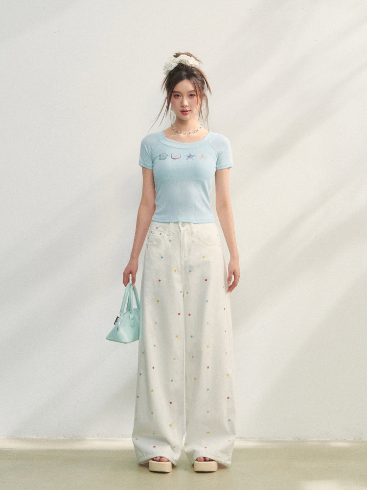 Colorful Floral Embroidered Straight-Leg Jeans