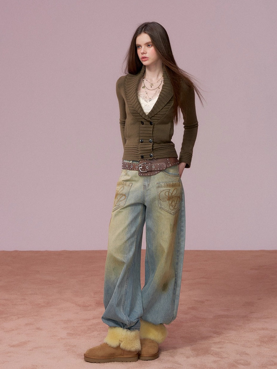 Washed Distressed Embroidered Denim Jeans