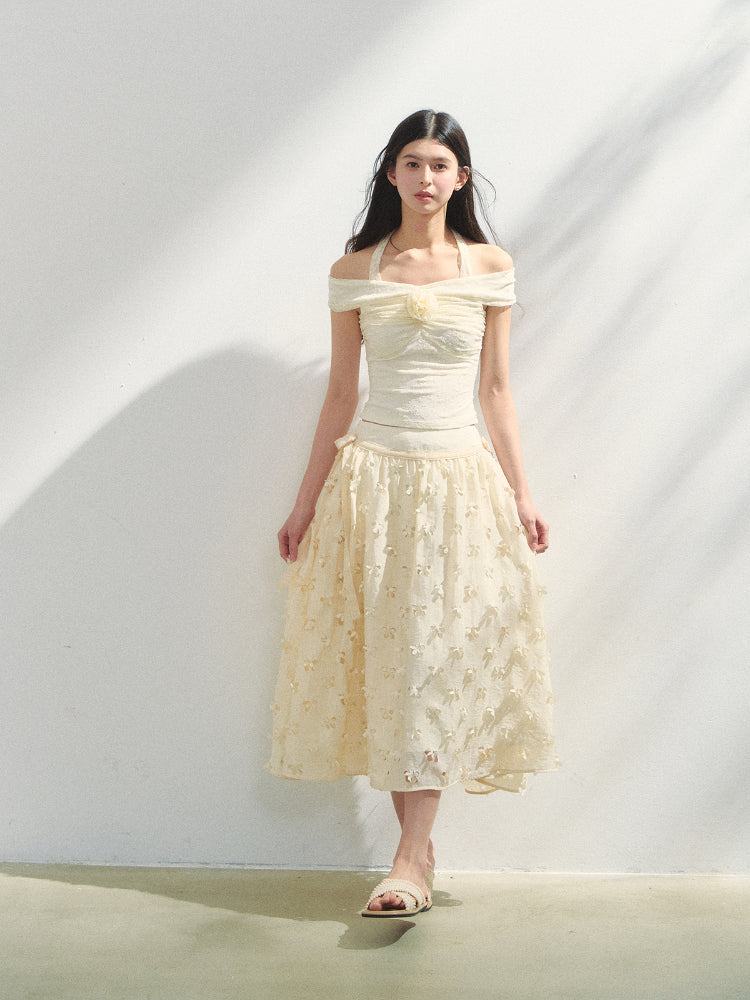 Off Shoulder 3D Flower Lace Short Top