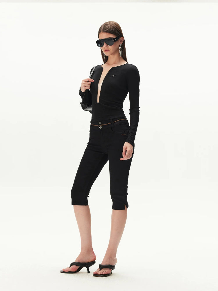 Black V-Neck Mesh Tee