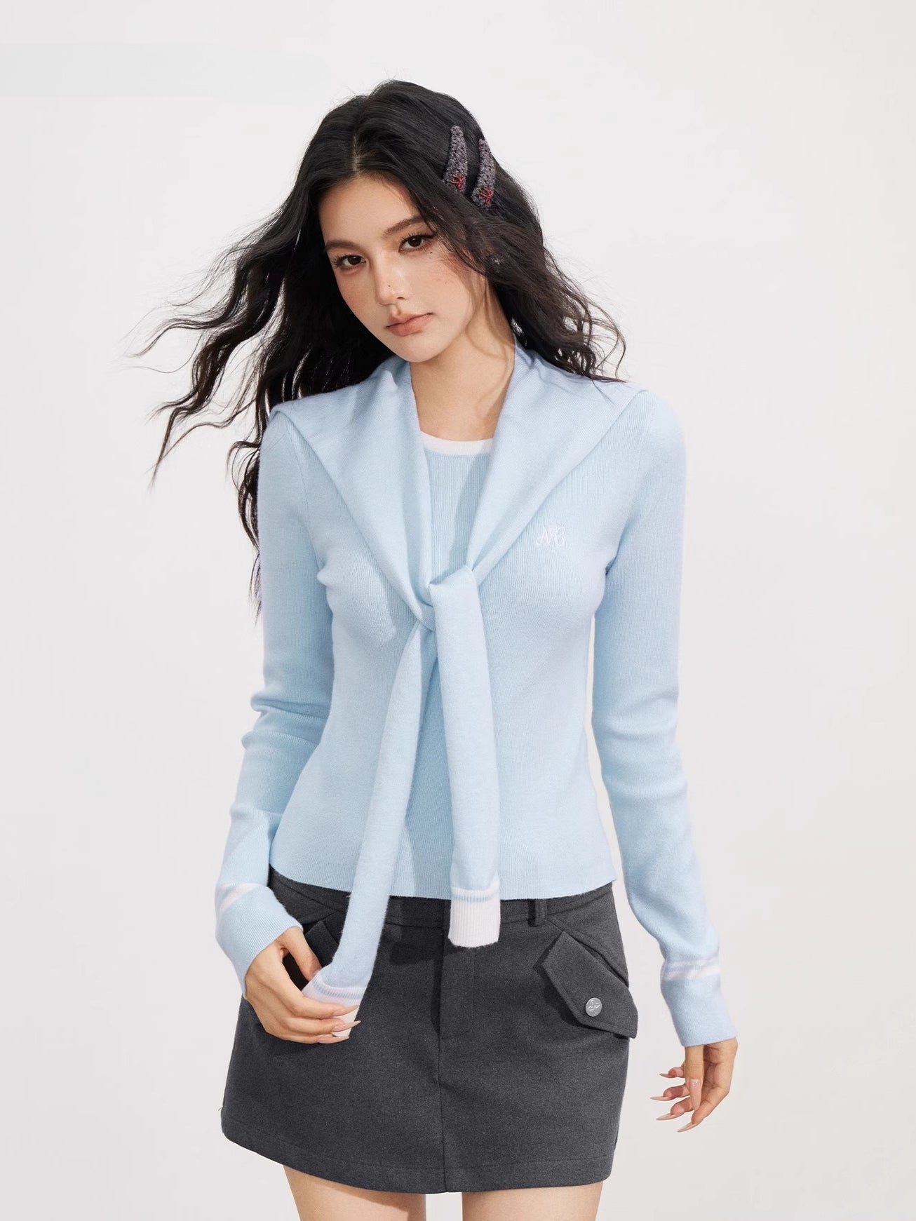 Gray & Blue Shoulder Crewneck Layer & Cape Set