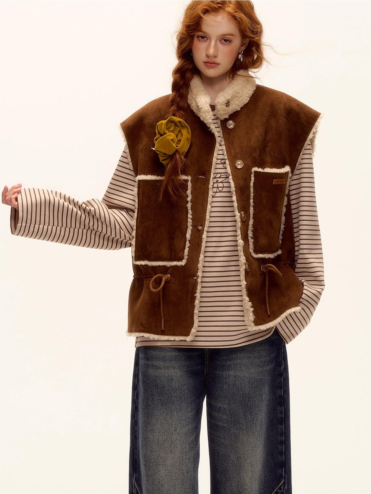 Reversible Suede Drawstring Shearling Vest