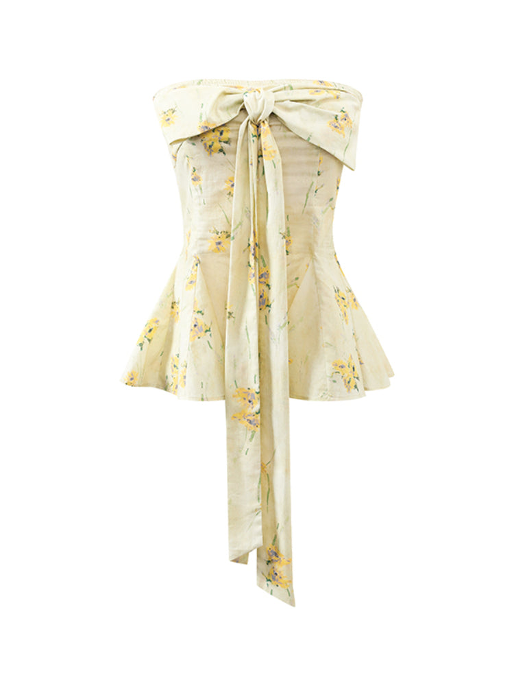 Yellow Floral Elastic Bow - adorned Strapless Top
