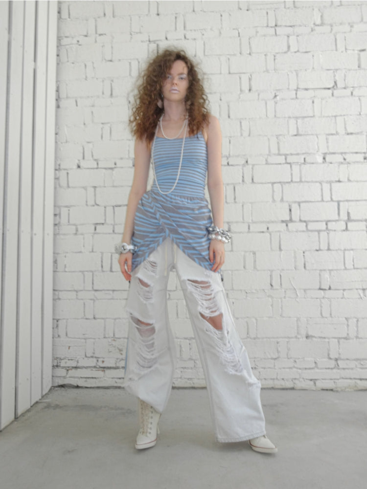 Blue-Gray Striped Two-Way Beaded Swing Collar Tank Top