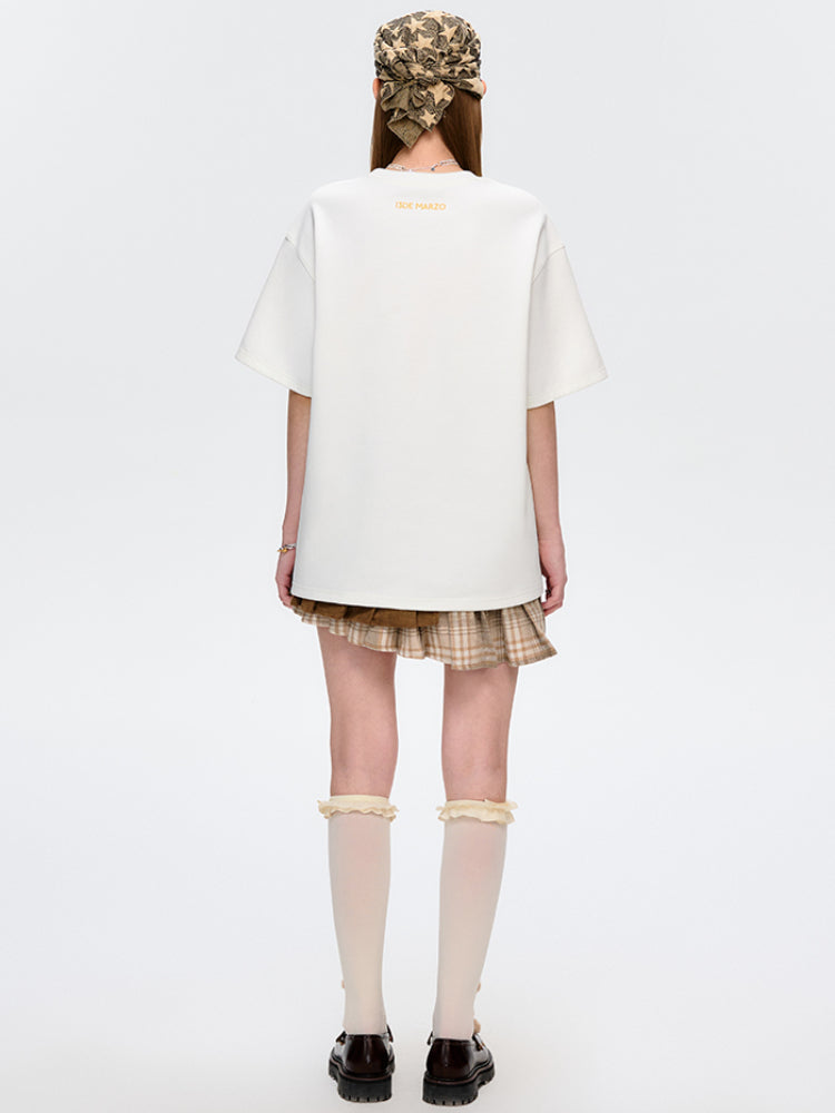 Bee Bear Illustration Round-Neck Cotton T-Shirt