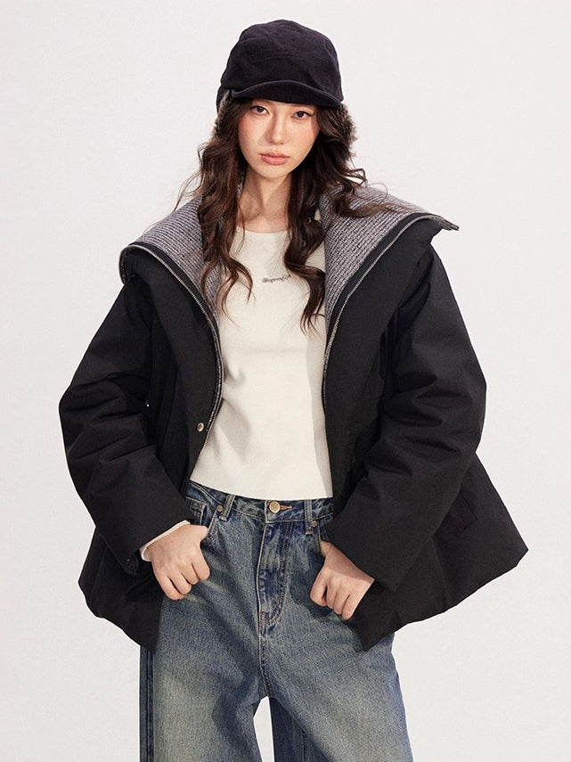 Belted Contrast-Knit Collar Down Coat