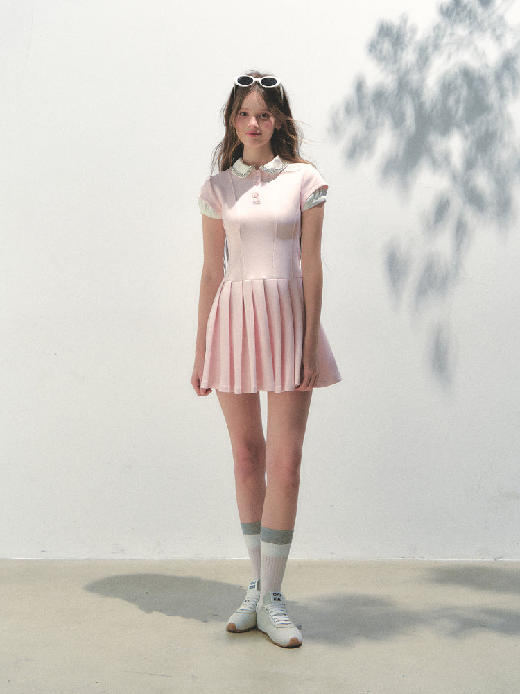 Polo Collar Rhinestone Pleated Dress