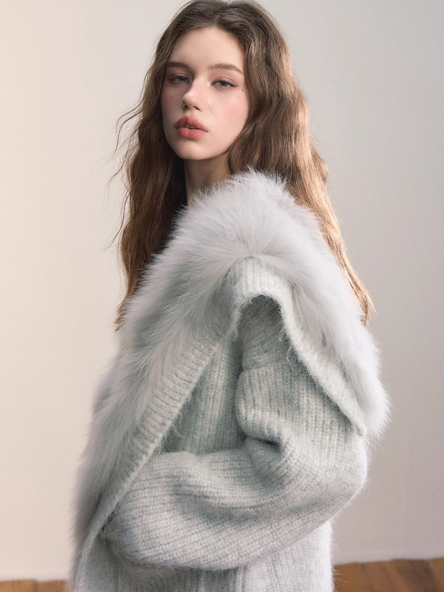 Fox Fur Large Notch Collar Cardigan