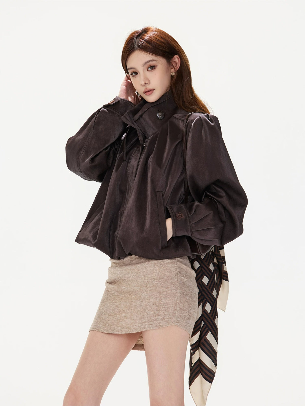 Plum Ruched Satin PU Jacket