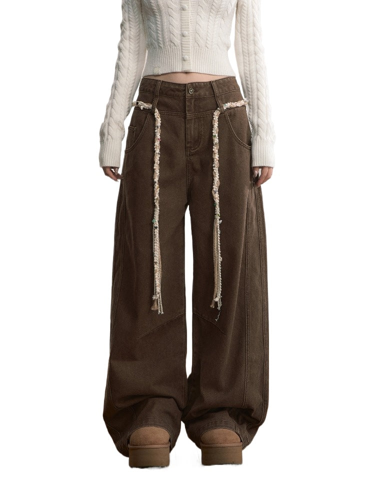 Brown Double-Waistband Straight Pants