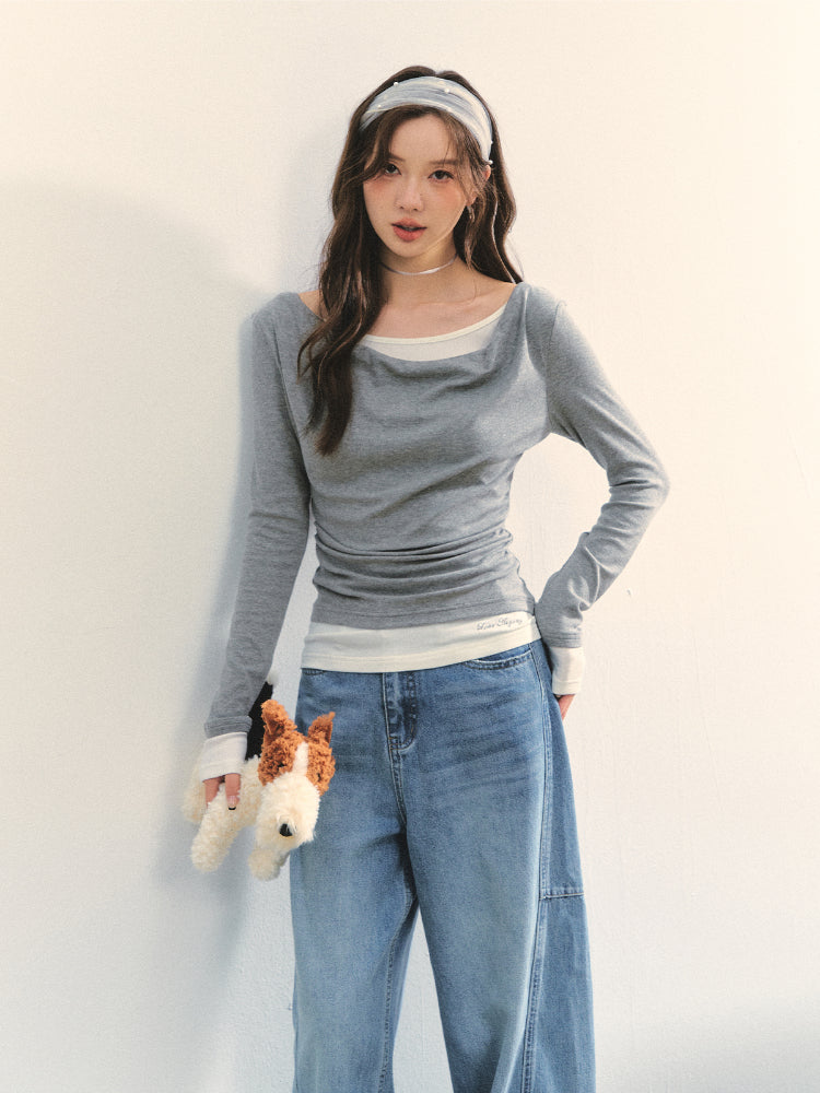 Dangle Collar Fake Two-Piece Color-Blocked Blouse