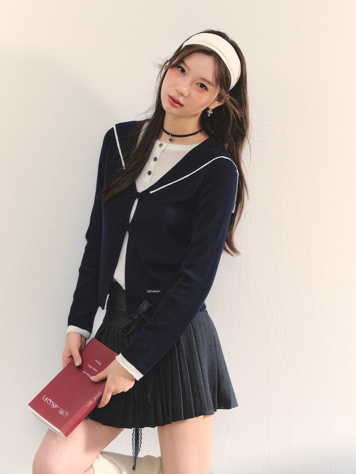 Navy Blue & Gray Sailor-Bow Knit Cardigan