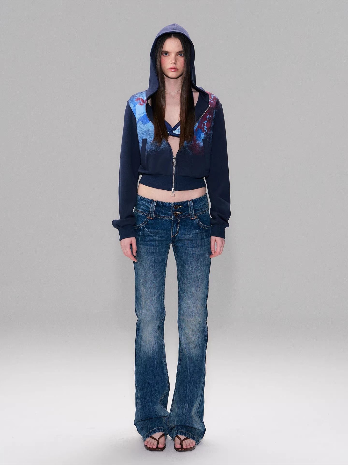 Dark Blue Vintage Hand-Brushed Flare Jeans