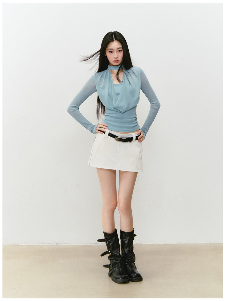 Chain Halter Draped Neck Fitted T-shirt