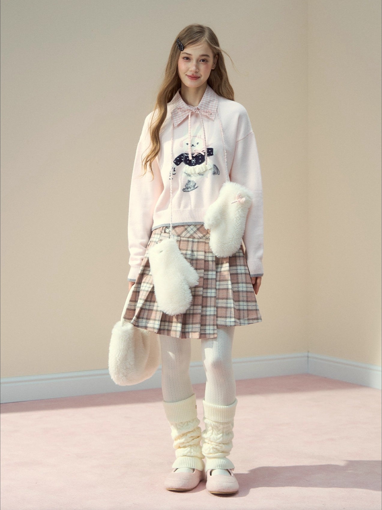 Pink Plaid 60% Wool Pleated Skirt