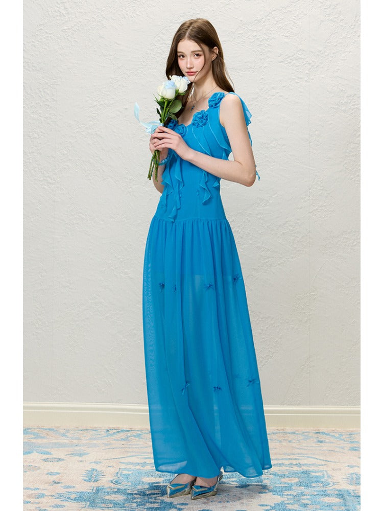 Blue Floral Ruffle Fitted Dress