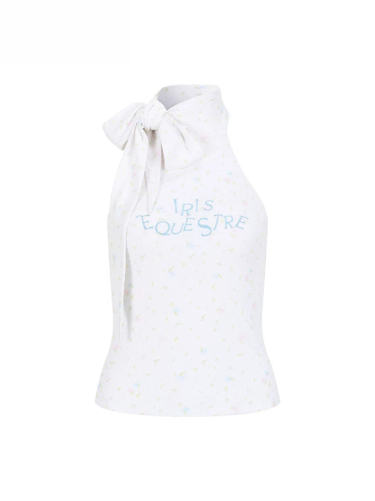 Contrast-Letter Bow-Tie Halter Top
